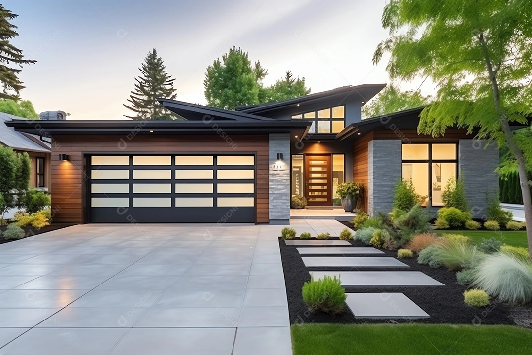 Modern concrete driveway in Lewisville TX featuring clean lines with decorative stepping stones, complementing a contemporary home design with professional landscaping and custom lighting.