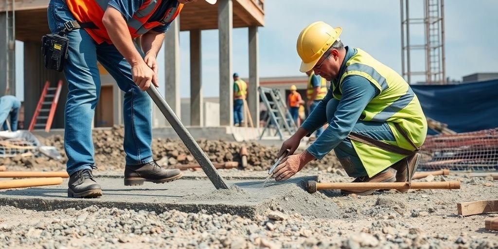 Contractor pouring concrete at a construction site.