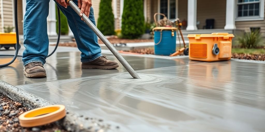 Concrete worker pouring fresh concrete in a residential area.