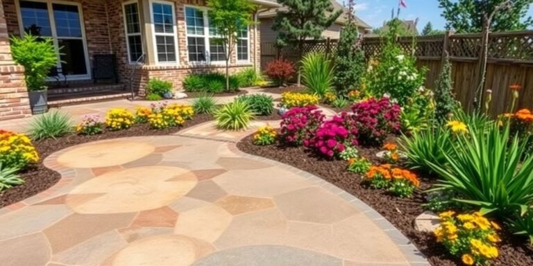 Decorative concrete design with vibrant landscaping in Lewisville.