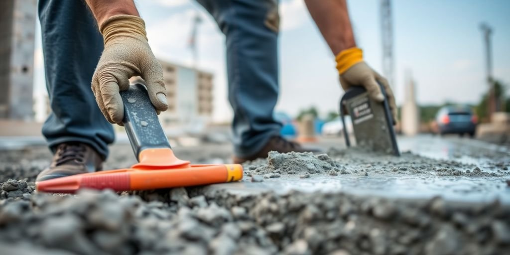 Worker pouring concrete at a construction site.