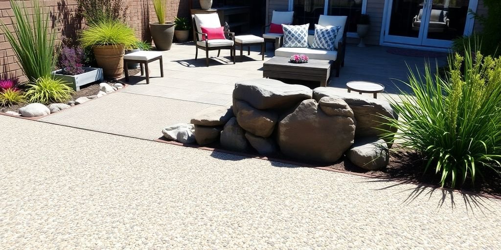 Outdoor space with exposed aggregate concrete and greenery.