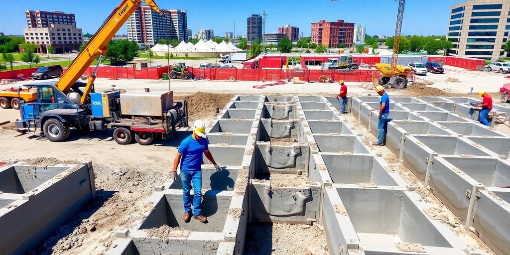 Construction workers pouring concrete in Lewisville, TX.