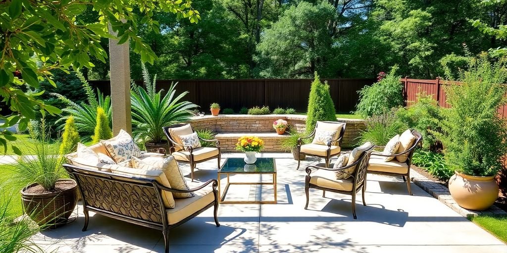 Concrete patio with outdoor furniture and greenery in Lewisville.