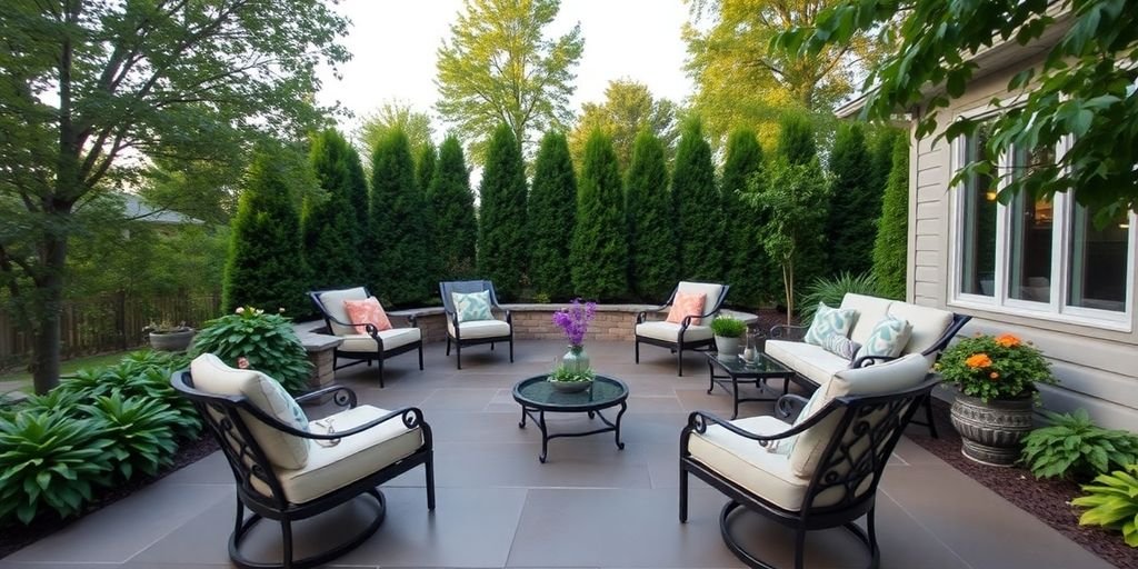 Residential concrete patio with outdoor furniture and greenery.