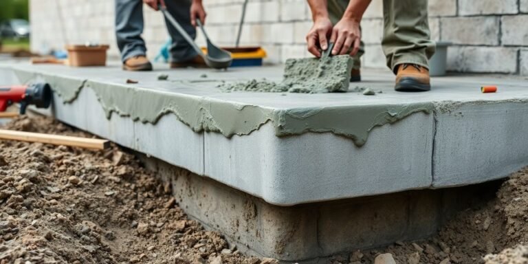 Concrete foundation repair work in progress with tools.