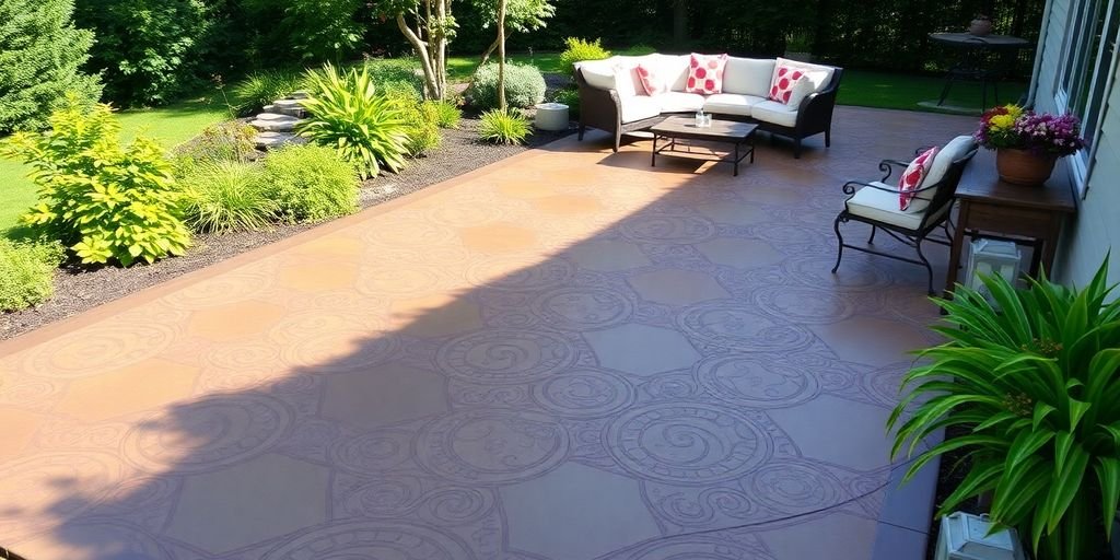 Stunning stamped concrete patio with outdoor furniture and greenery.