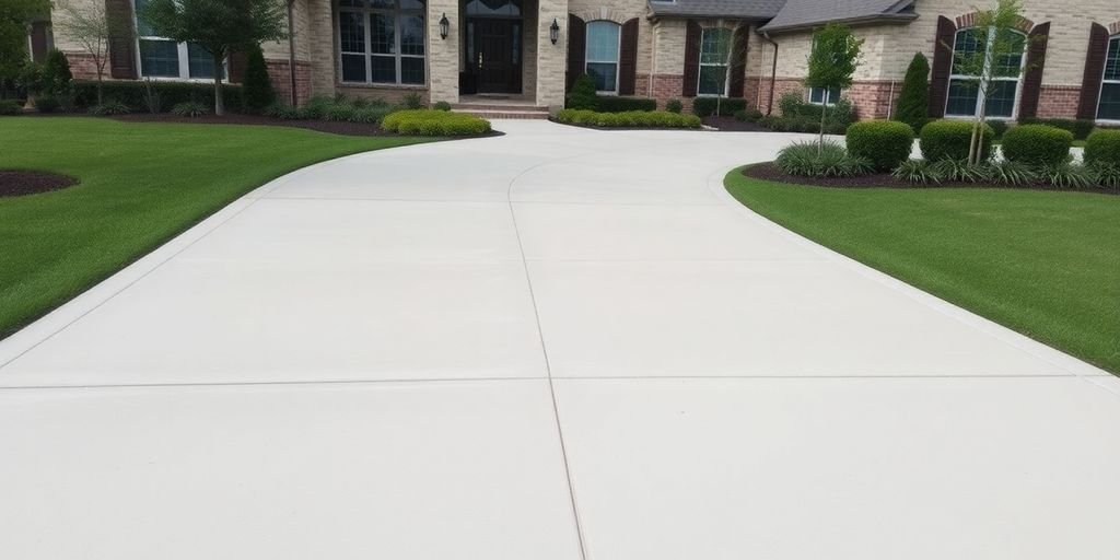 Stunning concrete driveway with green landscaping in Texas.