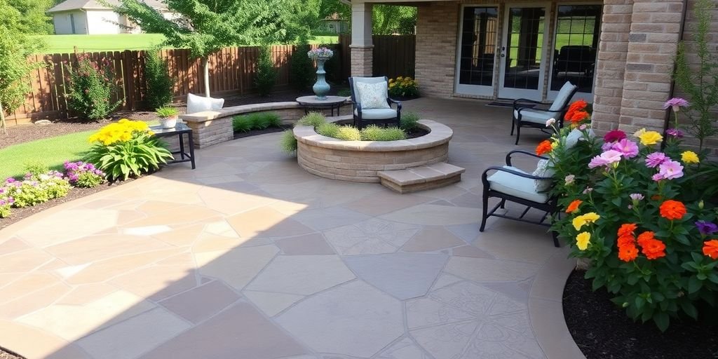 Beautiful stamped concrete outdoor patio with lush greenery.