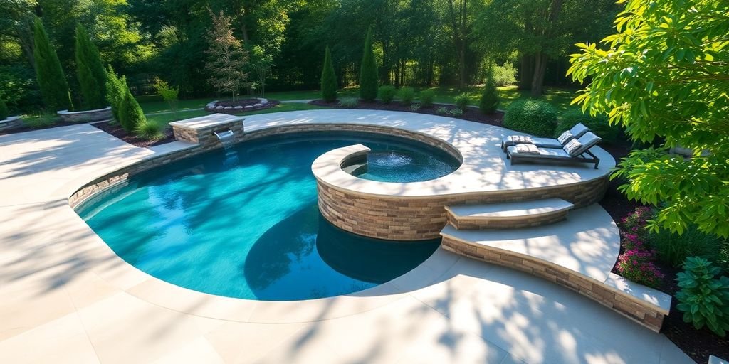 Concrete pool deck with clear water and lush plants.