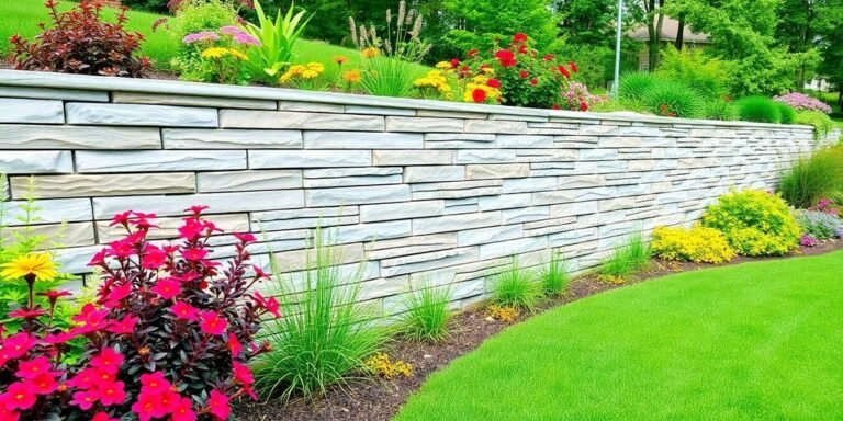 Modern stone retaining wall in a green landscape.